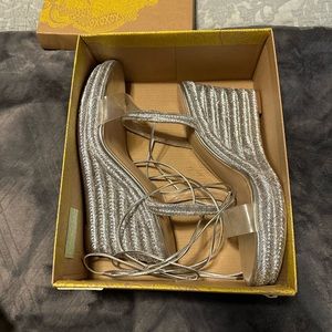 Ladies size 10 silver wedge sandals with straps heel size 3 inches